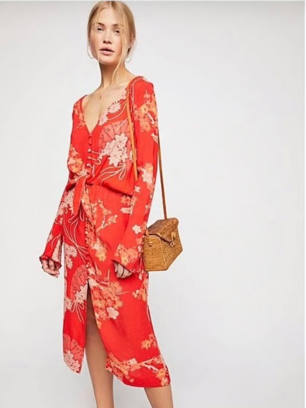 Free People Mixed Print Twist Front Midi Dress Red Orange Floral Bell Sleeve